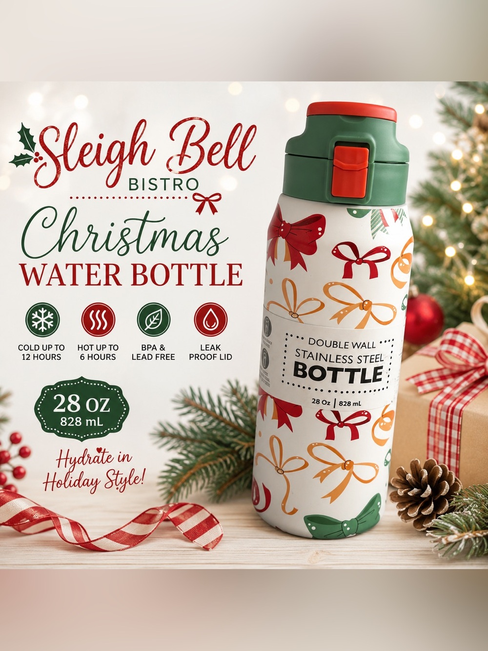 Sleigh Bell Bistro Christmas Bow 28 oz Double Wall Stainless Steel Bottle
